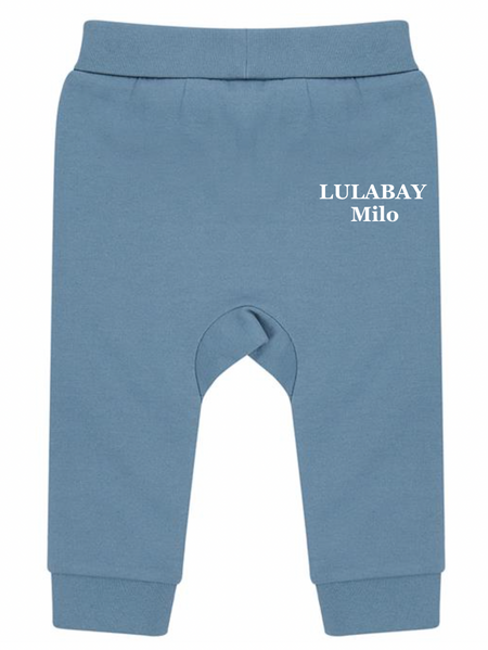 baby personalised sustainable joggers | personalised baby joggers | recycled baby jogging bottoms | embroidered baby lounge joggers