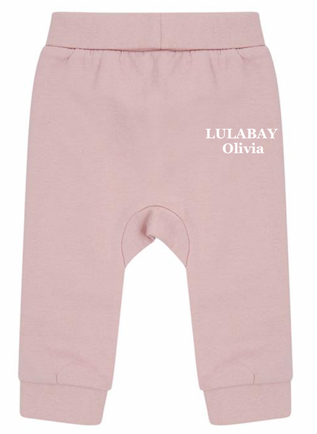 baby personalised sustainable joggers | personalised baby joggers | recycled baby jogging bottoms | embroidered baby lounge joggers