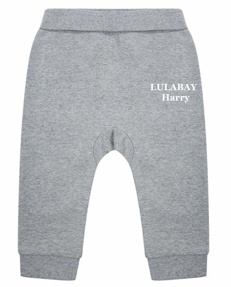 baby personalised sustainable joggers | personalised baby joggers | recycled baby jogging bottoms | embroidered baby lounge joggers