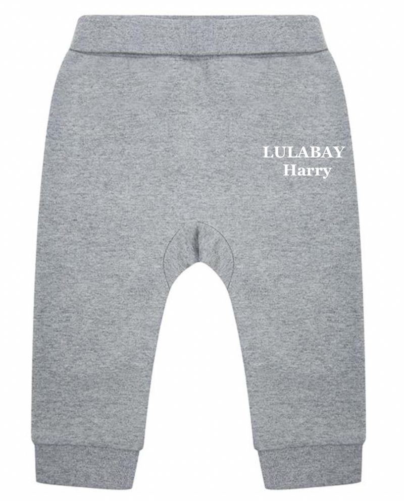 baby personalised sustainable joggers | personalised baby joggers | recycled baby jogging bottoms | embroidered baby lounge joggers