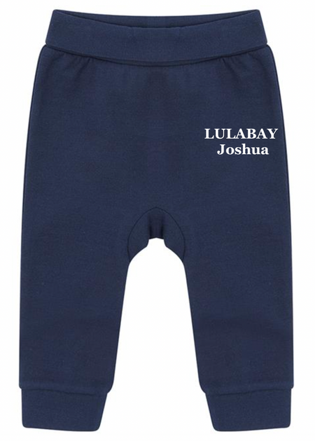 baby personalised sustainable joggers | personalised baby joggers | recycled baby jogging bottoms | embroidered baby lounge joggers