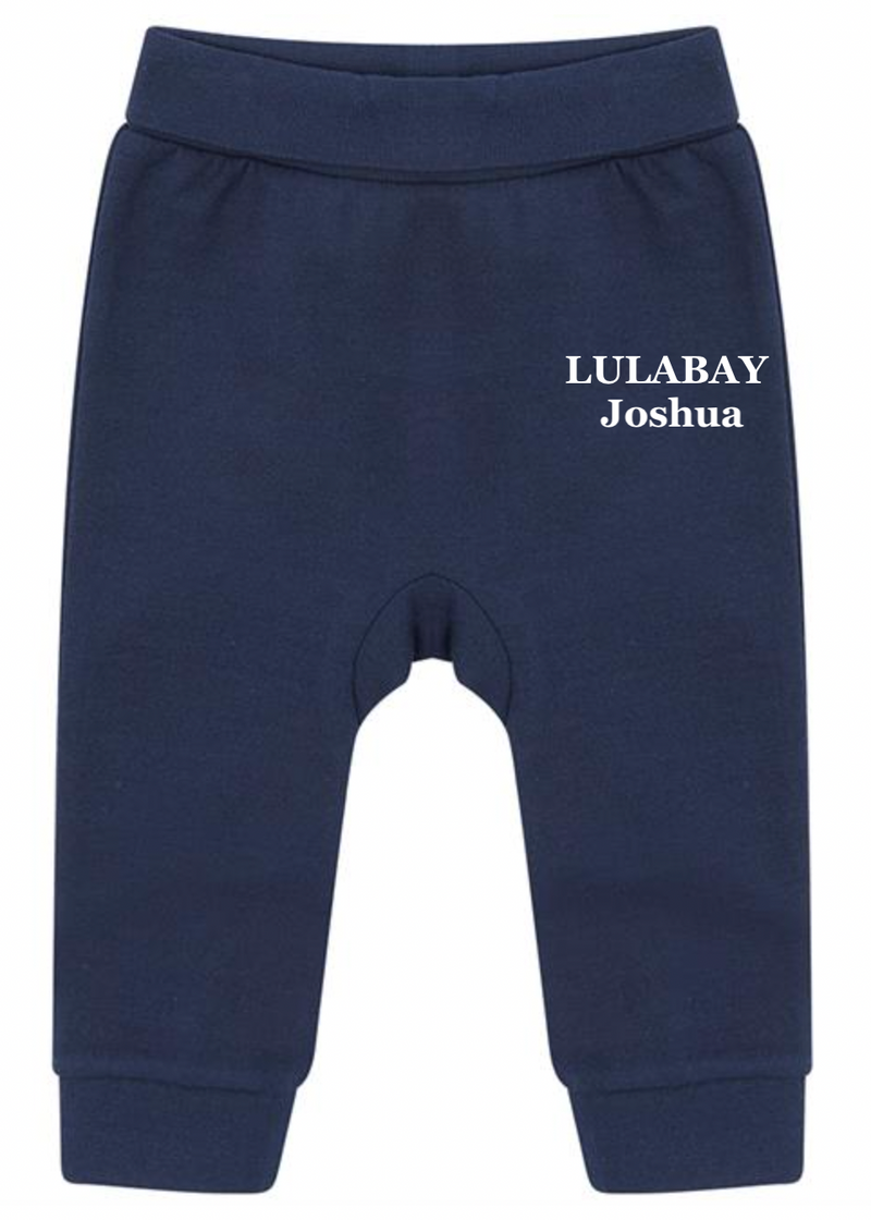 baby personalised sustainable joggers | personalised baby joggers | recycled baby jogging bottoms | embroidered baby lounge joggers