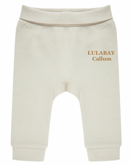 baby personalised sustainable joggers | personalised baby joggers | recycled baby jogging bottoms | embroidered baby lounge joggers