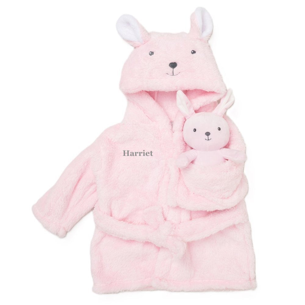 A baby girl's personalised on the right of chest little bear dressing gown sherpa fleece material gift set. A lovely light pink colour with bear design hood light grey stitched eyes and nose on the hood. Cute light pink and white ears with a little pink bear soft toy a perfect cuddle little cuddle buddy. A beautiful personalised gift for any little any little girl !