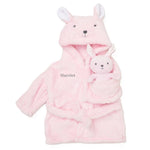 Load image into Gallery viewer, A baby girl&#39;s personalised on the right of chest little bear dressing gown sherpa fleece material gift set. A lovely light pink colour with bear design hood light grey stitched eyes and nose on the hood. Cute light pink and white ears with a little pink bear soft toy a perfect cuddle little cuddle buddy. A beautiful personalised gift for any little any little girl !
