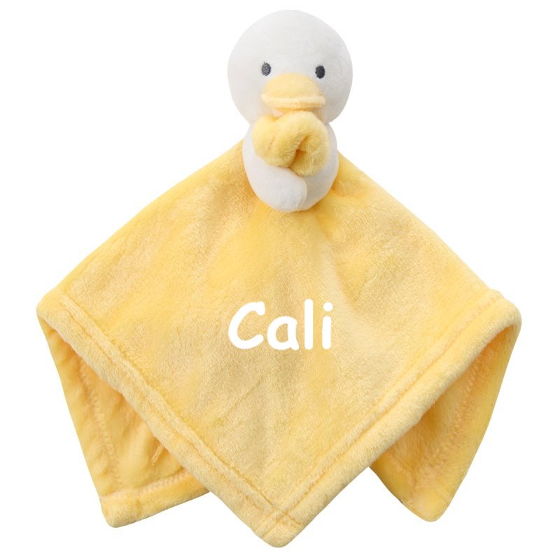 A personalised little duck comforter soft plush material in yellow, with embroidered personalised detailing set neatly across the front of the white duck. The duck is attached with a  yellow beak and cute stitched eyes, this would make such a sweet little gift. 