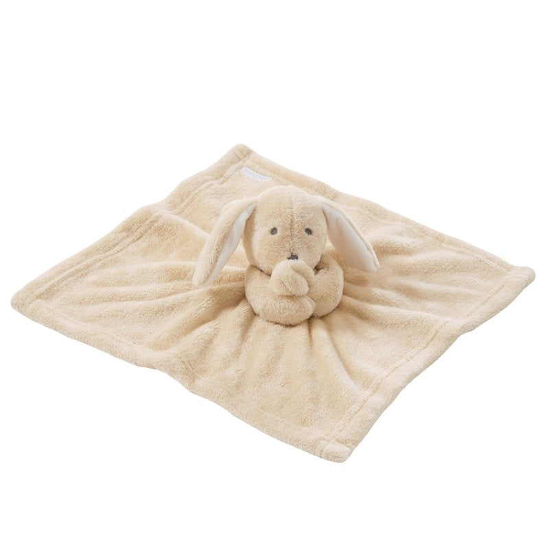 Baby's adorable bunny comforter soft plush beige material. Personalised with your babies name which can be embroidered to the front of the bunny. The bunny has light grey stitched eyes and nose two long ears with white underneath them. Such a cute little personalised gift for a new baby. 