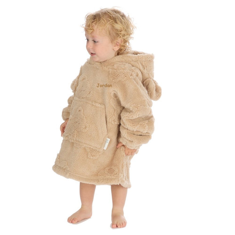 Baby wearing Teddy design hoody personalised to the chest. Over sized sherpa hood and front kangaroo pocket.