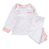 A sweet little set of baby/toddler girls personalised pyjama set white with light pink elephant print, with matching light pink cuffs. Personalised on the left chest with the name in pink. A lovely soft pyjama set which would be a great addition to any littles ones bed time wardrobe. 