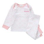 Load image into Gallery viewer, A sweet little set of baby/toddler girls personalised pyjama set white with light pink elephant print, with matching light pink cuffs. Personalised on the left chest with the name in pink. A lovely soft pyjama set which would be a great addition to any littles ones bed time wardrobe. 

