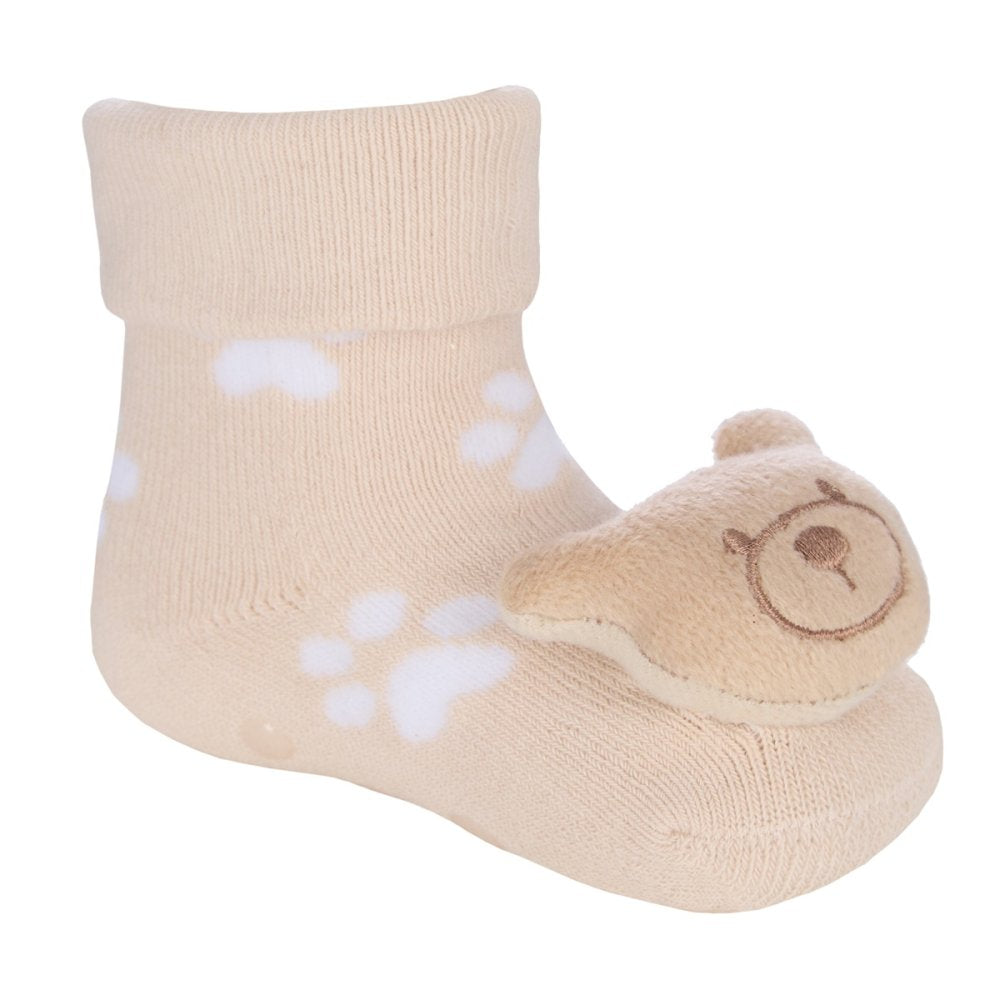 3D Baby bear design, beige with white paw print socks with grippy spots along the sole. 