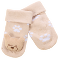 3D Baby bear design, beige with white paw print socks with grippy spots along the sole. 