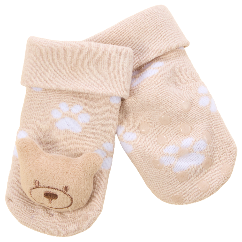 3D Baby bear design, beige with white paw print socks with grippy spots along the sole. 