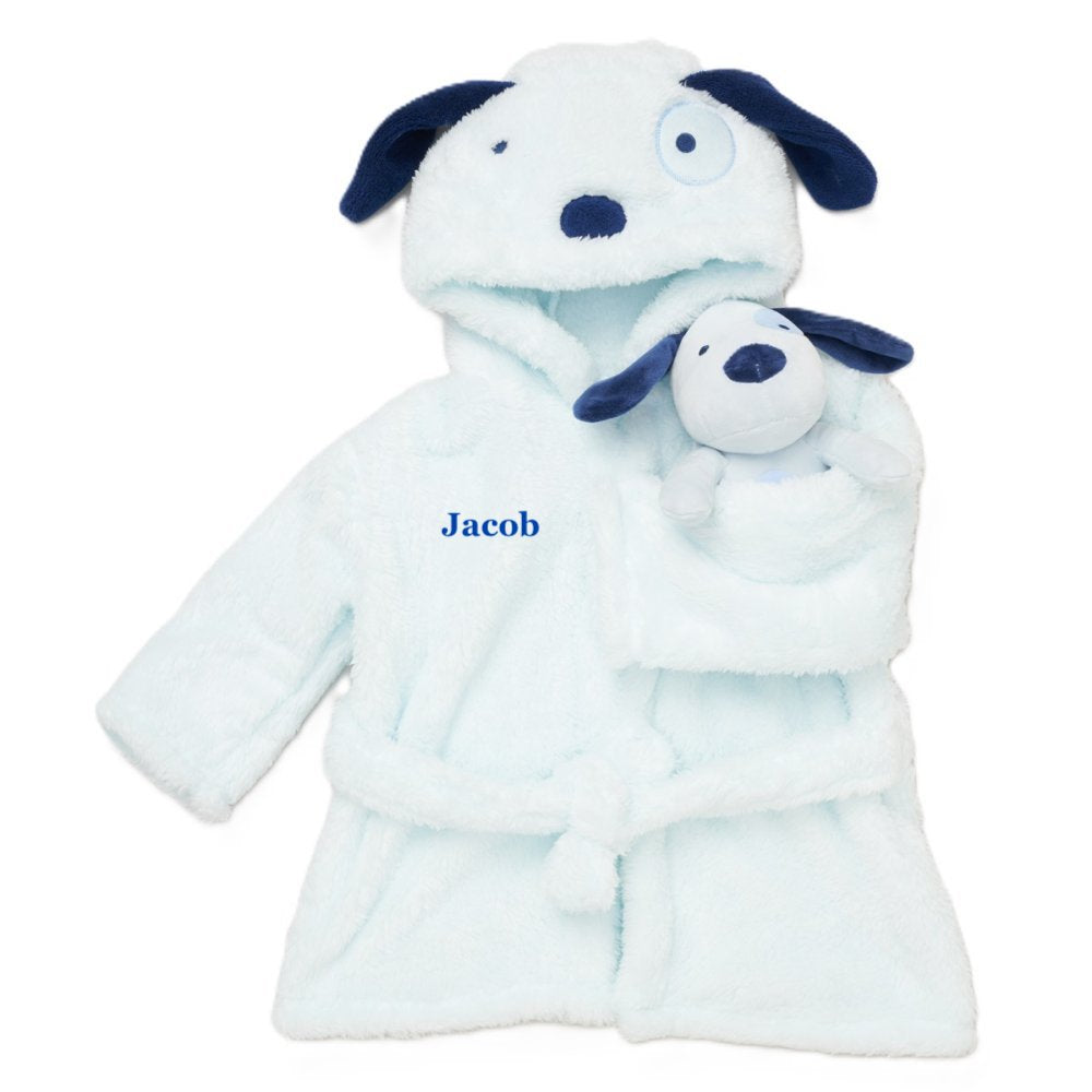 A baby boy's personalised little dog dressing gown sherpa fleece material gift set, in light blue colour with dark blue ears and nose.  Cute dark blue stitched dog face dog hood and a little puppy soft toy. A beautiful personalised gift for any little boy ! 