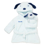 Load image into Gallery viewer, A baby boy&#39;s personalised little dog dressing gown sherpa fleece material gift set, in light blue colour with dark blue ears and nose.  Cute dark blue stitched dog face dog hood and a little puppy soft toy. A beautiful personalised gift for any little boy ! 
