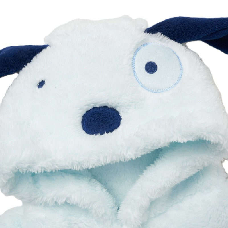 A baby boy's personalised little dog dressing gown sherpa fleece material gift set, in light blue colour with dark blue ears and nose.  Cute dark blue stitched dog face dog hood and a little puppy soft toy. A beautiful personalised gift for any little boy ! 