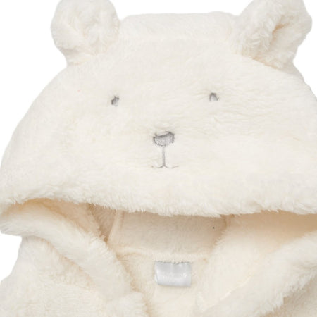 A babies unisex personalised little bear dressing gown and toy gift set in soft cream colour.  Cute grey stitched bear face grey hood and a teddy bear soft toy. A beautiful personalised gift for any little baby! 