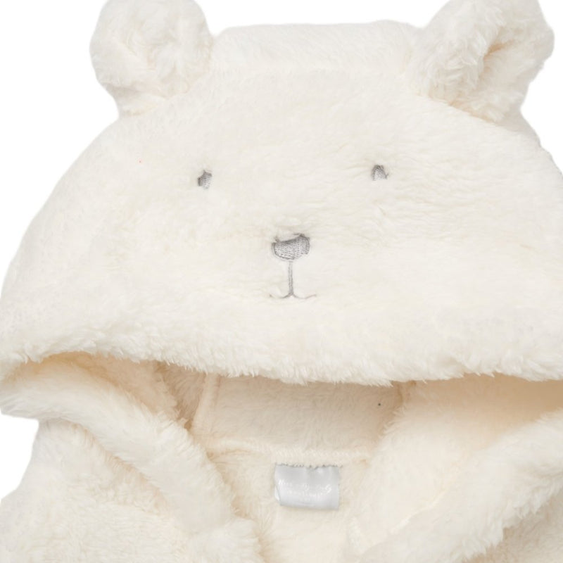 A babies unisex personalised little bear dressing gown and toy gift set in soft cream colour.  Cute grey stitched bear face grey hood and a teddy bear soft toy. A beautiful personalised gift for any little baby! 
