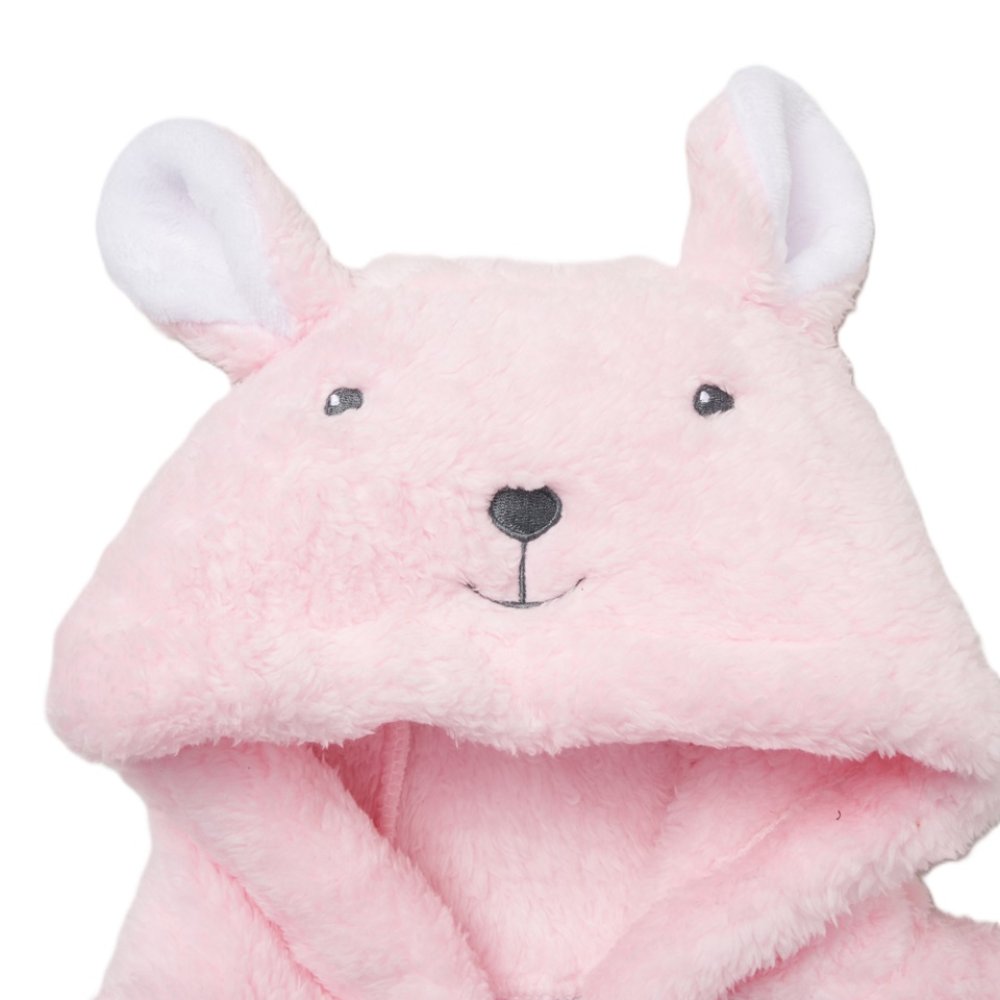 Baby girls personalised light pink sherpa fleece dressing gown. Sweet little bear face stitched in light grey on the hood with little ears.