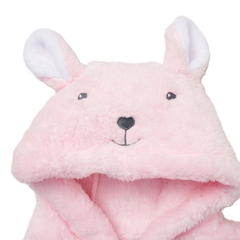 Baby girls personalised light pink sherpa fleece dressing gown. Sweet little bear face stitched in light grey on the hood with little ears.