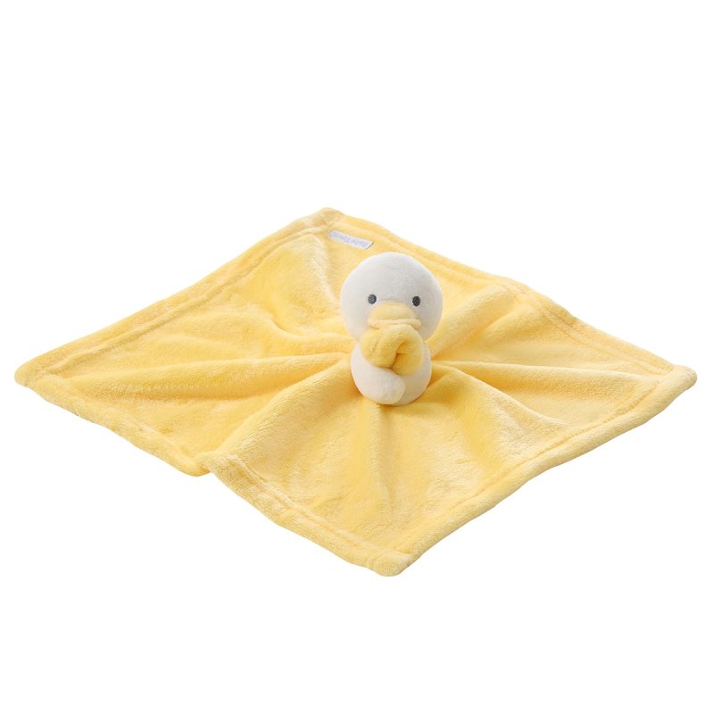 A personalised little duck comforter soft plush material in yellow, with embroidered personalised detailing set neatly across the front of the white duck.  The duck is attached with a  yellow beak and cute stitched eyes, this would make such a sweet little personalised gift. 