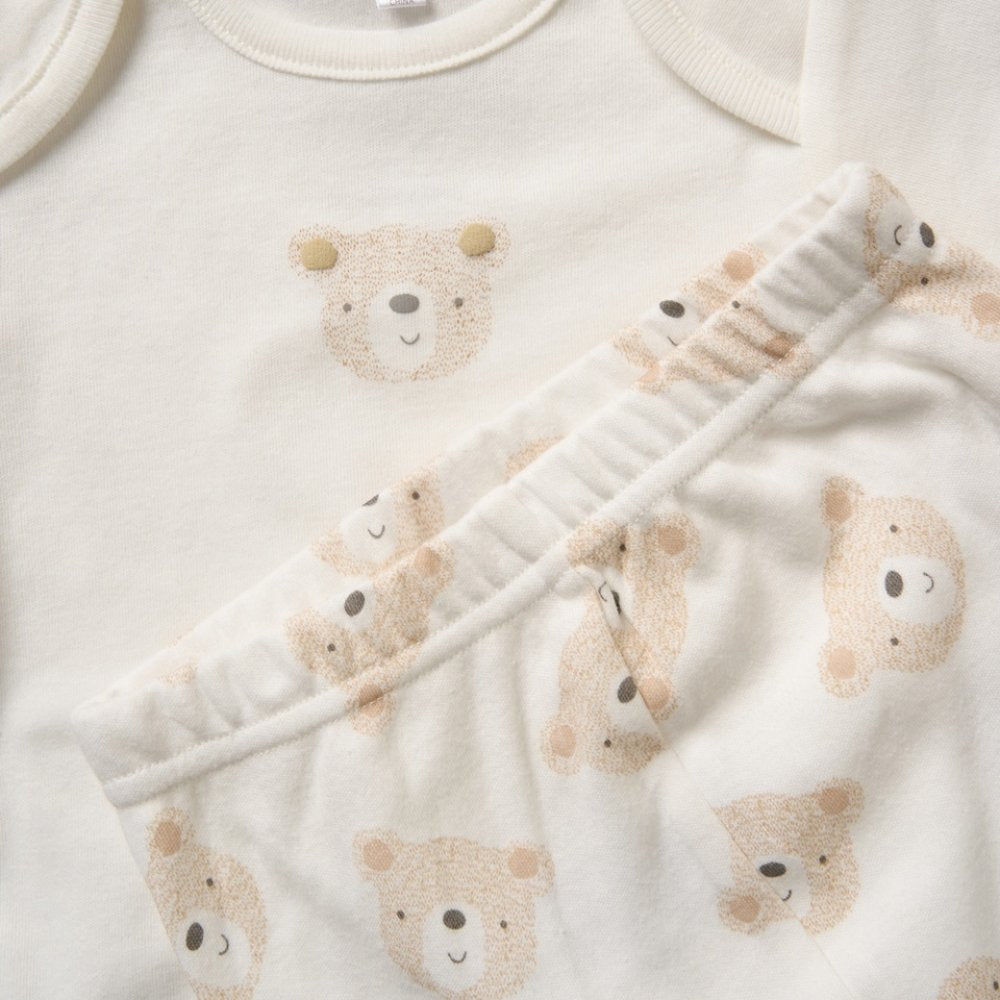 Unisex set personalised bear print soft and comfortable vest style top elasticated waist pants with bear head design. 