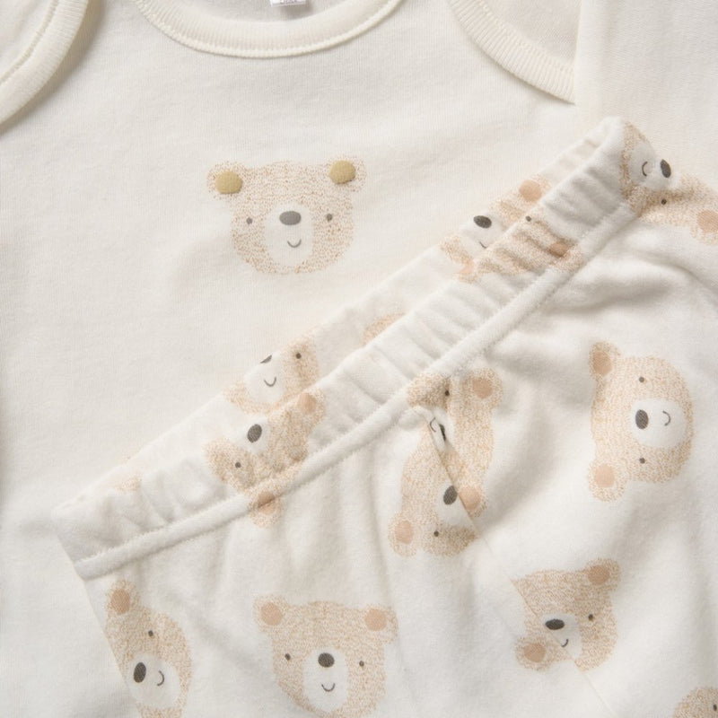 Unisex set personalised bear print soft and comfortable vest style top elasticated waist pants with bear head design. 