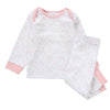 A sweet little set of bay/toddler girls personalised pyjama set white with light pink elephant print design  with matching light pink cuffs. Personalised on the left chest with the name in pink. A lovely soft pyjama set which would be a great addition to any littles ones bed time wardrobe. 
