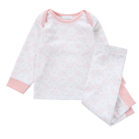 A sweet little set of bay/toddler girls personalised pyjama set white with light pink elephant print design  with matching light pink cuffs. Personalised on the left chest with the name in pink. A lovely soft pyjama set which would be a great addition to any littles ones bed time wardrobe. 