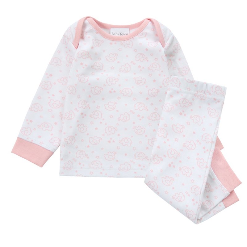 A sweet little set of bay/toddler girls personalised pyjama set white with light pink elephant print design  with matching light pink cuffs. Personalised on the left chest with the name in pink. A lovely soft pyjama set which would be a great addition to any littles ones bed time wardrobe. 