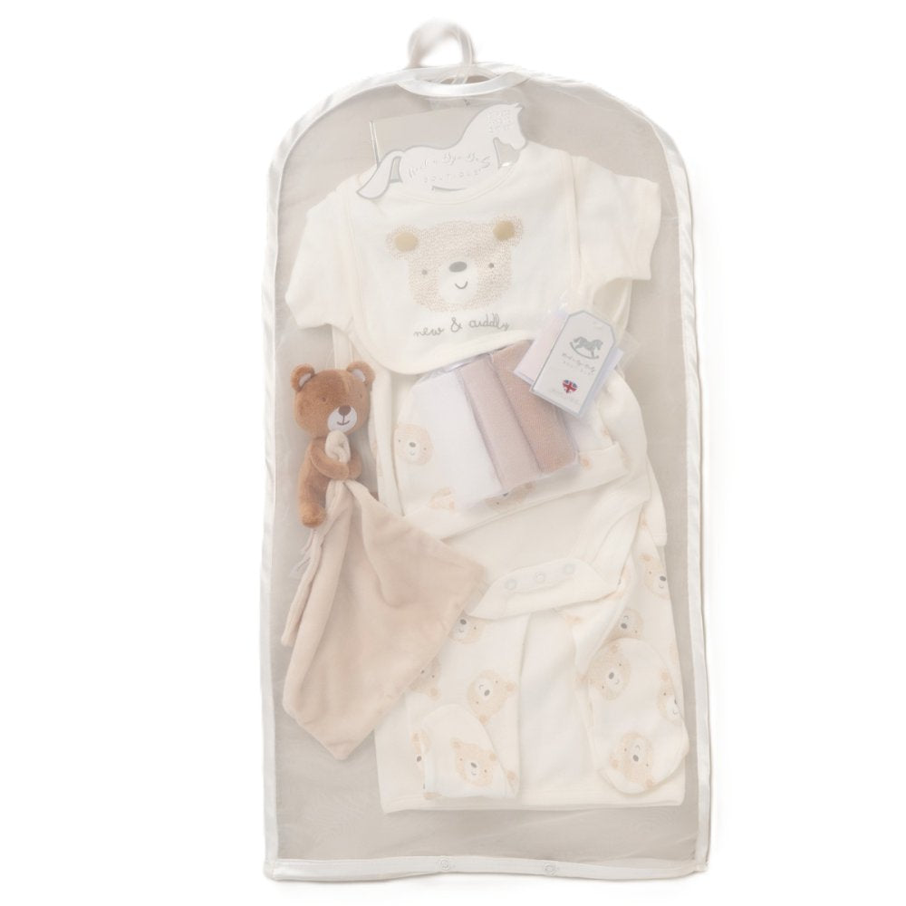Unisex baby's beige bear design personalised soft comforter baby grow, with matching hat bib vest and muslins cloths. All within its own gift bag perfect for a baby shower gift or for any new arrival !