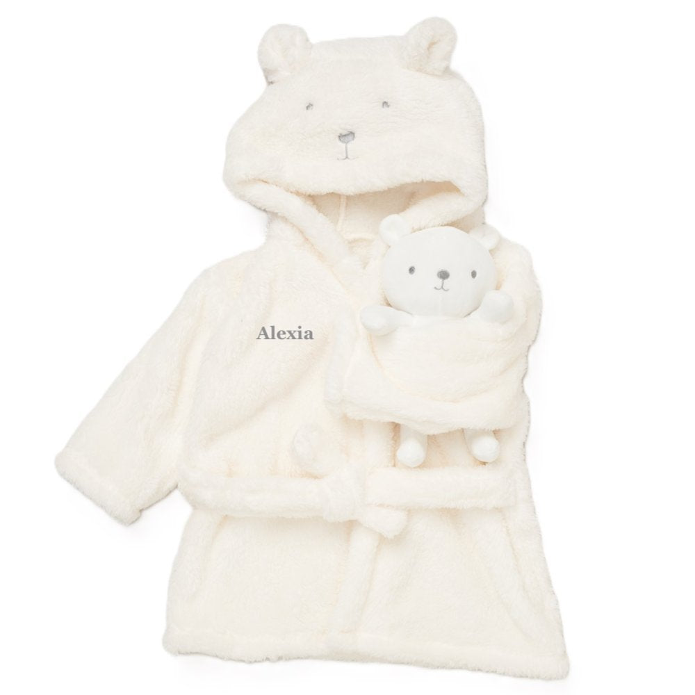 A babies unisex personalised dressing gown and toy gift set in cream colour, with a hood shaped like a little bear's face and a teddy bear soft toy. A beautiful personalised gift for any little cub!