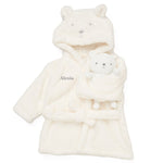 Load image into Gallery viewer, A babies unisex personalised dressing gown and toy gift set in cream colour, with a hood shaped like a little bear&#39;s face and a teddy bear soft toy. A beautiful personalised gift for any little cub!
