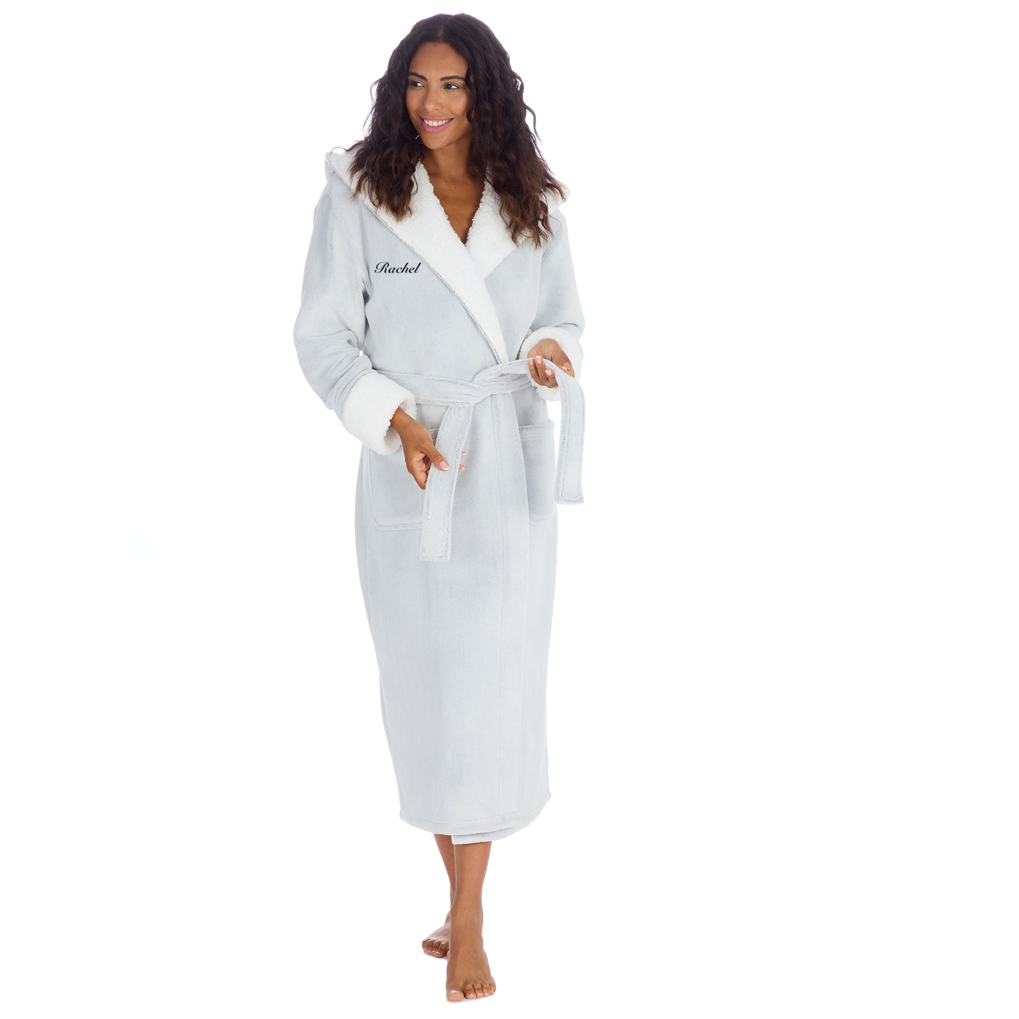 Women's personalised dressing gown in a frosted light grey colour with white borg trim in the hood and front panel. Pockets on either side, adjustable tie around the waist and hood to the back. The personalisation will be to the chest and of your choosing - this will be embroidered. 
