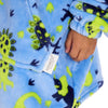 Kid wearing dinosaur print hoody in blue, personalised on the chest. Hood with angaroo pocket to the front. 