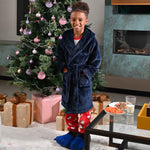 Load image into Gallery viewer, Boys plush maxi personalised dressing gown in a luxurious Navy colour. Made from super soft thick fabric, maxi length, large hood to the back and adjustable tie around the waist. Complete with a special touch of personalisation to the chest - this is embroidered especially for you. Making the perfect personalised gift for children. 

