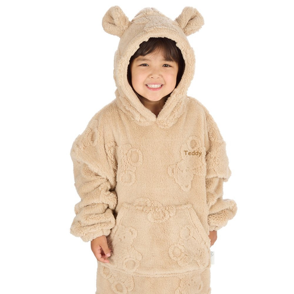 Child wearing Teddy design hoody personalised to the chest. Over sized sherpa hood and front kangaroo pocket.