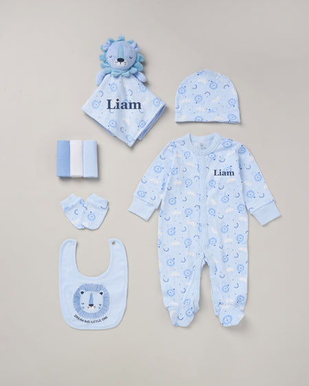 baby boy personalised lion print gift set | personalised lion baby gift set | lion print newborn essentials gift set | personalised baby boy 8 piece gift set
