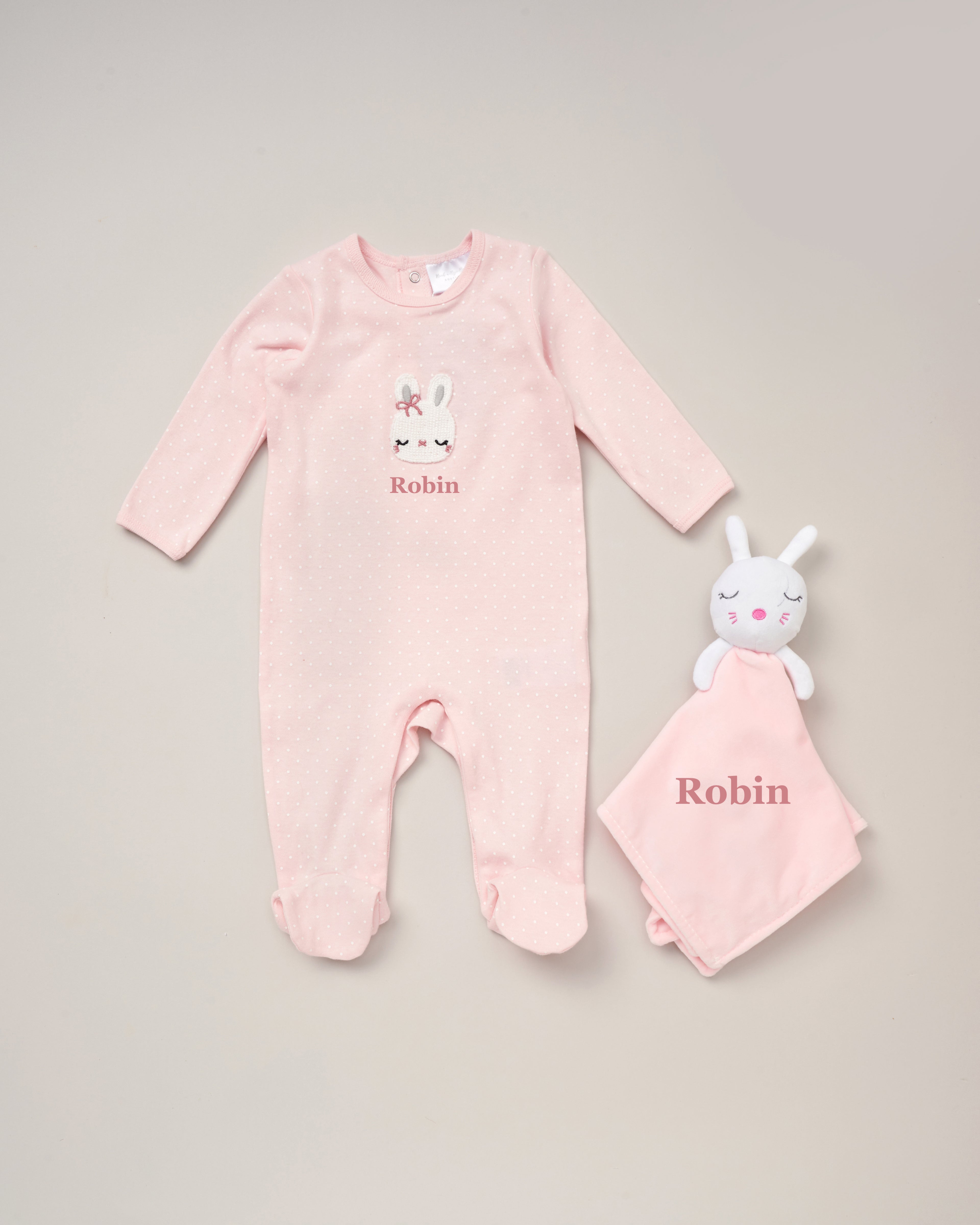 Babies personalised sleepsuit and bunny comforter gift set
