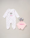 baby personalised sleepsuit and elephant comforter gift set | personalised elephant comforter and sleepsuit | newborn elephant gift set | personalised baby sleepsuit gift bundle