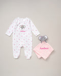 Babies personalised sleepsuit and elephant comforter gift set