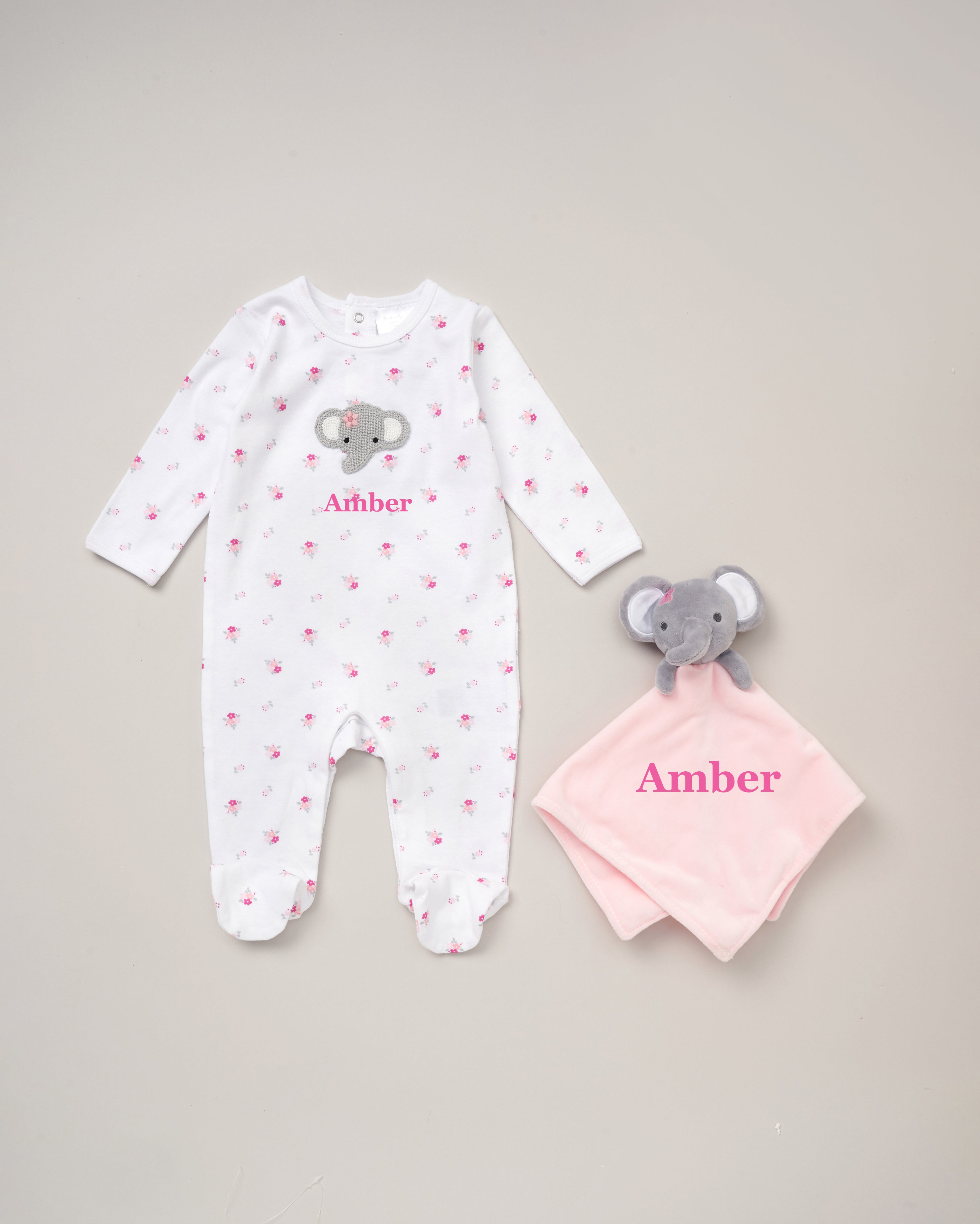 Babies personalised sleepsuit and elephant comforter gift set