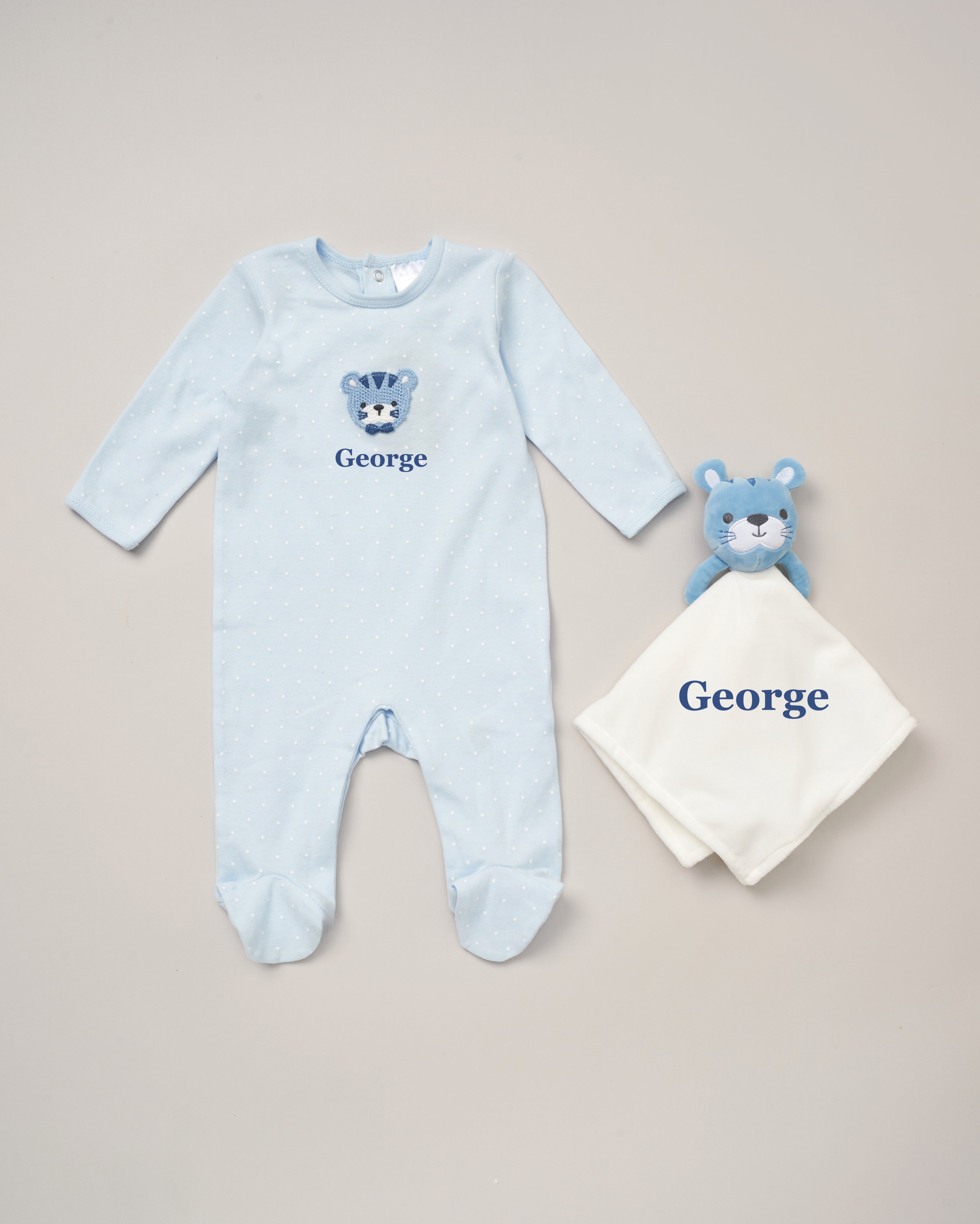 Babies personalised sleepsuit and tiger comforter gift set