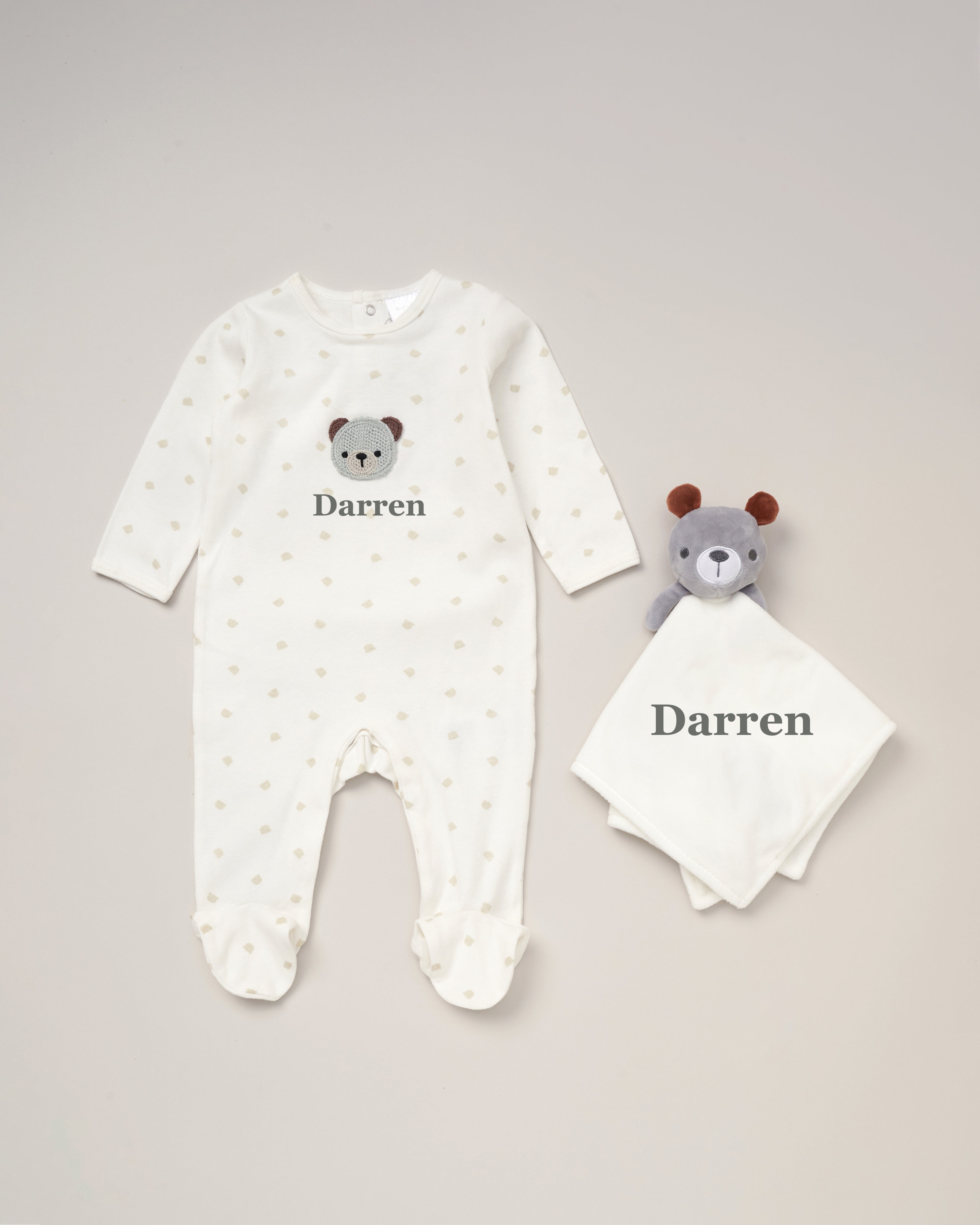 Babies personalised sleepsuit and bear comforter gift set