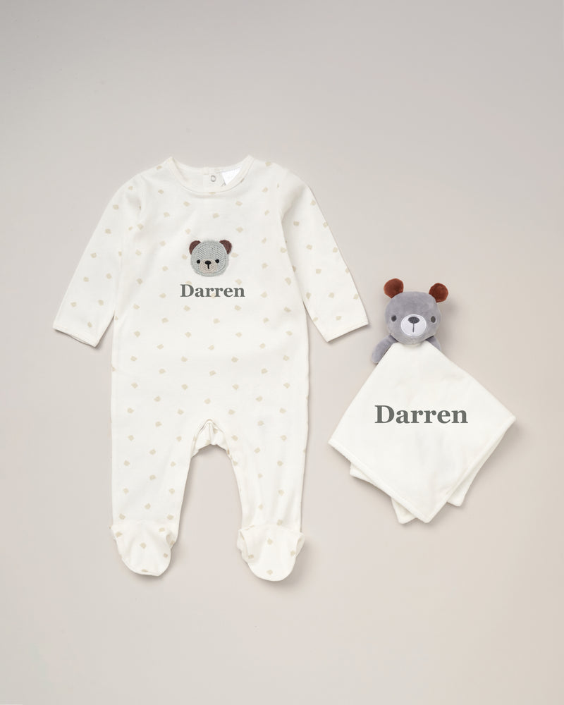 baby personalised sleepsuit and bear comforter gift set | personalised bear comforter and sleepsuit | newborn bear gift set | personalised baby sleepsuit gift bundle