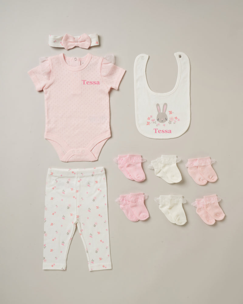 baby girl personalised bunny floral gift set | personalised bunny 10 piece baby gift set | floral newborn gift set | personalised baby girl clothing gift set