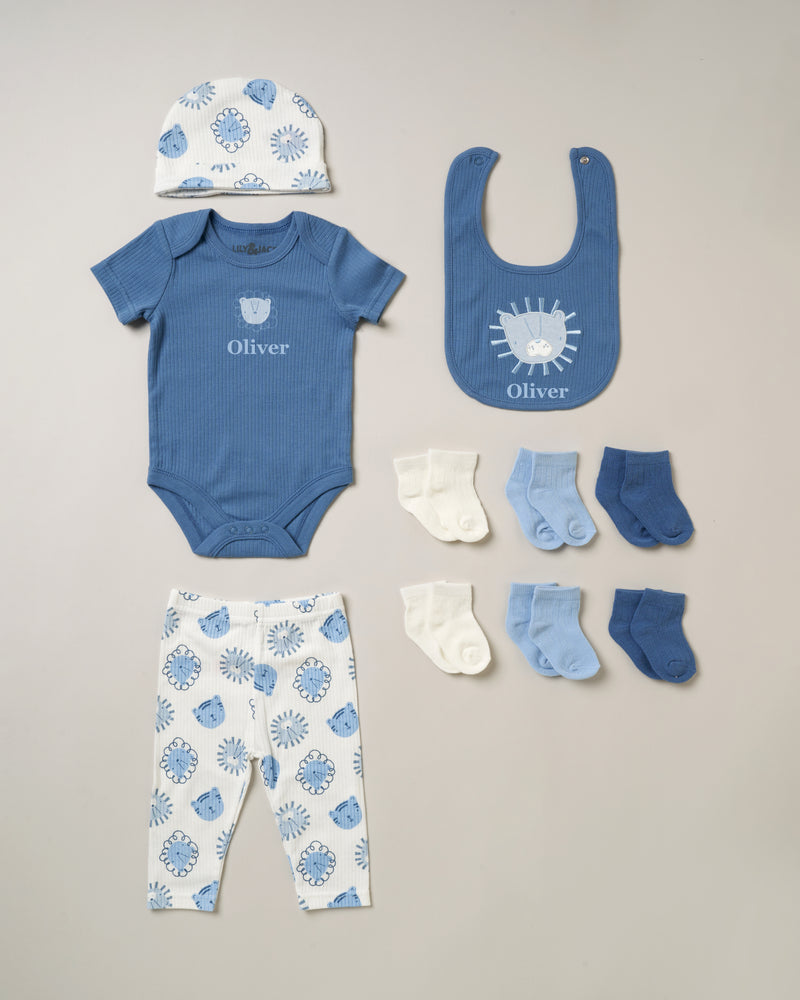 baby boy personalised lion gift set | personalised lion 10 piece baby gift set | lion themed newborn gift set | personalised baby boy clothing gift set