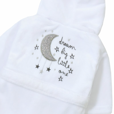 baby personalised dream big little one dressing gown | personalised baby hooded dressing gown | dream big little one baby robe | embroidered baby dressing gown