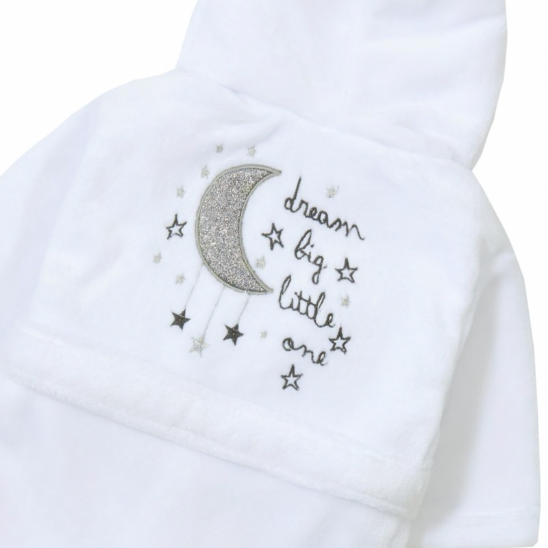 baby personalised dream big little one dressing gown | personalised baby hooded dressing gown | dream big little one baby robe | embroidered baby dressing gown