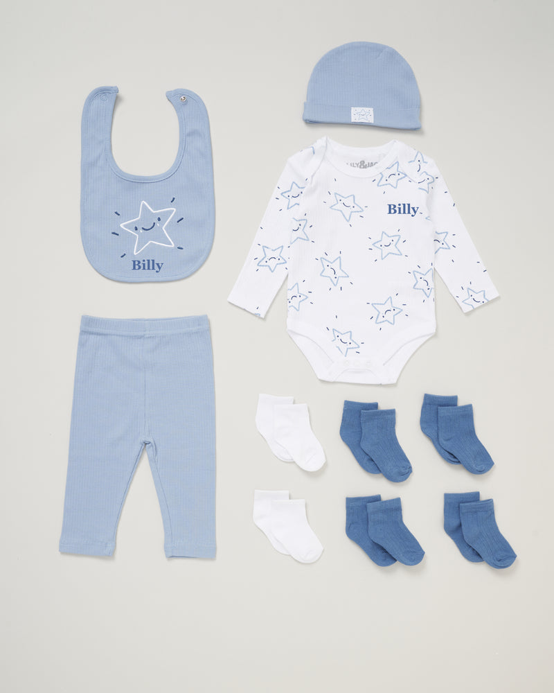 baby boy personalised star gift set | personalised star 10 piece baby gift set | newborn star themed gift set | personalised baby boy clothing gift set